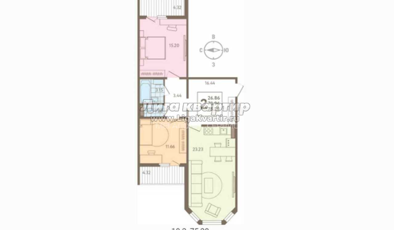 2-комнатная квартира, 75.3 м², купить за 3 651 080, Липецк, Опытная улица, 3,  объявление 6369