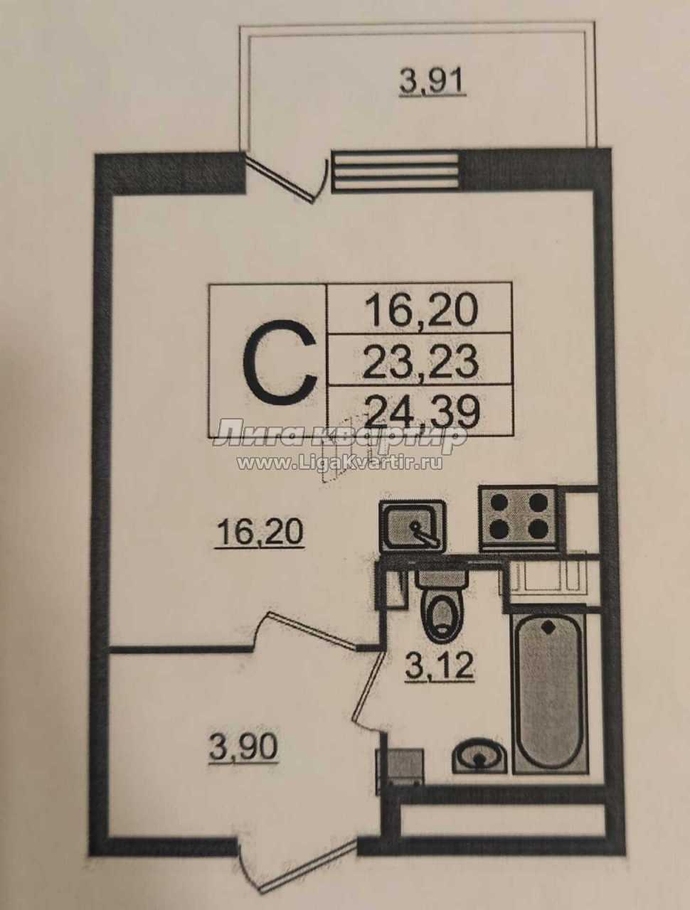 1-комнатная квартира, 24.4 м², купить за 4 449 000, Санкт-Петербург,  Звездная, Среднерогатская улица, 16к2, объявление 19203