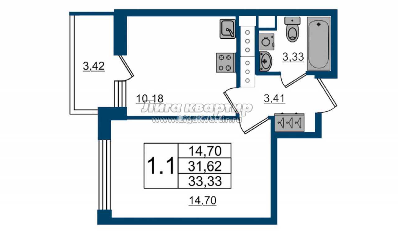 1-комнатная квартира, 31.6 м², купить за 5 350 000, Санкт-Петербург,  Комендантский пр-кт, Приморский р-н, Чистое Небо жк, 66к1, объявление 20765